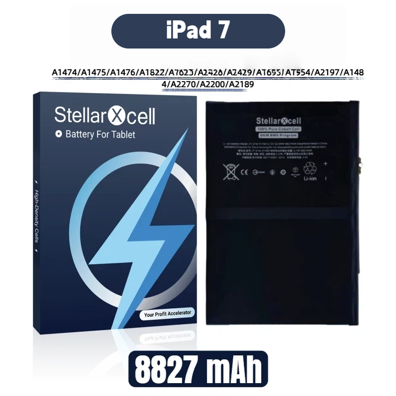 StellarXcell Tablet Battery For iPad 7 A1474 / A1475 / A1476 / A1822 / A1823 / A2428 / A2429 / A1893 / A1954 / A2197 / A1484 / A2270 / A2200 / A2189